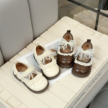 2026 Spring New Arrival Girls' Fashion Lace Trim Flat Shoes, Korean Style Bow Princess Shoes, Kids Fashion Leather Shoes