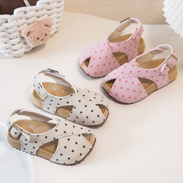 2026 Summer New Kids Polka Dot Birken Roman Sandals, Retro Fish Mouth Beach Shoes, Soft Sole Princess Shoes For Girls, Skirt Matching Flats