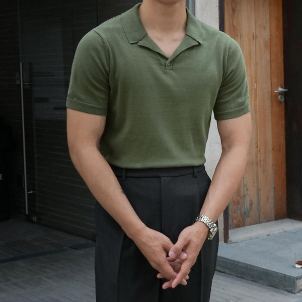 Cuban Collar Cotton T-shirt Men